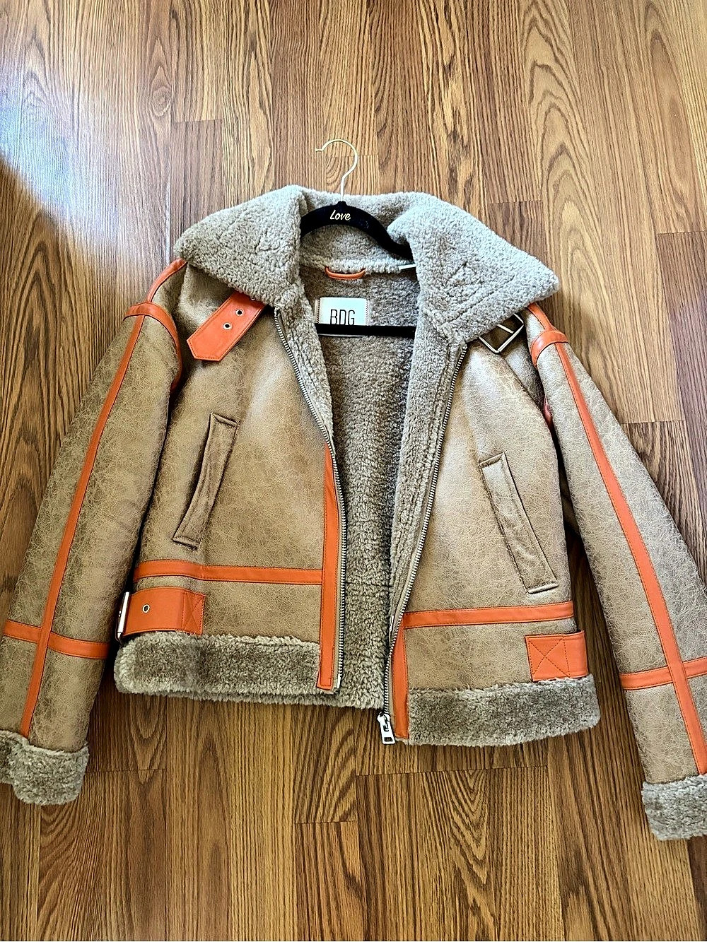 BDG August Faux Leather Cropped Aviator Jacket Brown & Orange